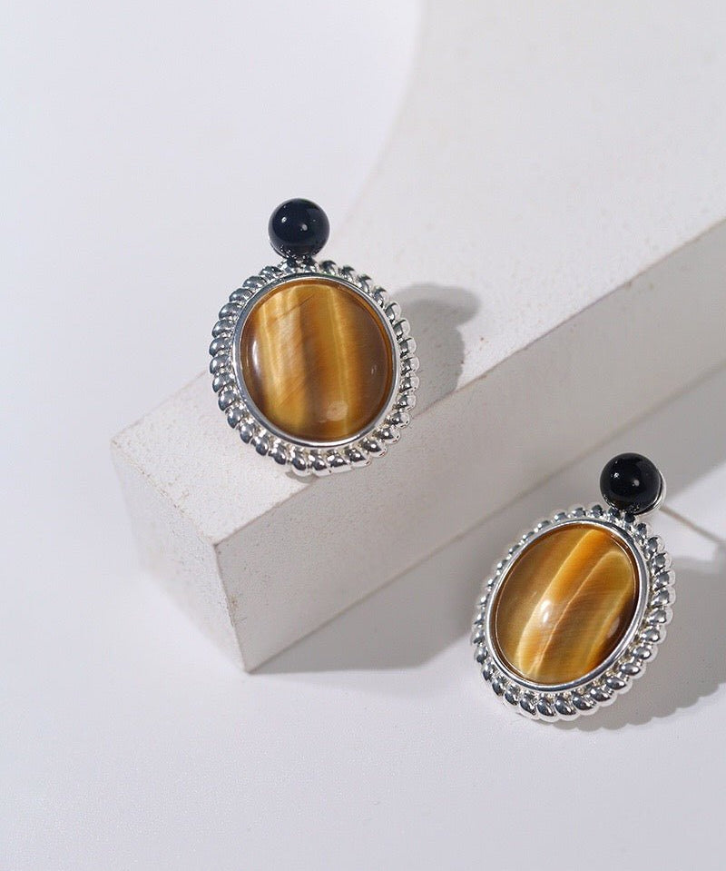 Dark Night Tiger Eye Mirror Gemstone Earrings - Tiger Eye Stone Earrings - floysun