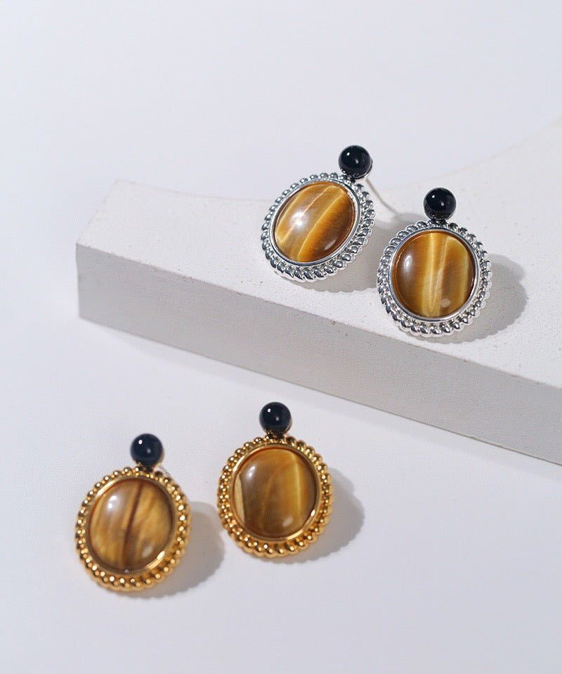 Dark Night Tiger Eye Mirror Gemstone Earrings - Tiger Eye Stone Earrings - floysun