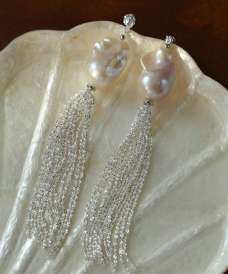 Dazzling Baroque Silver Chain Tassel Drop Earrings - floysun