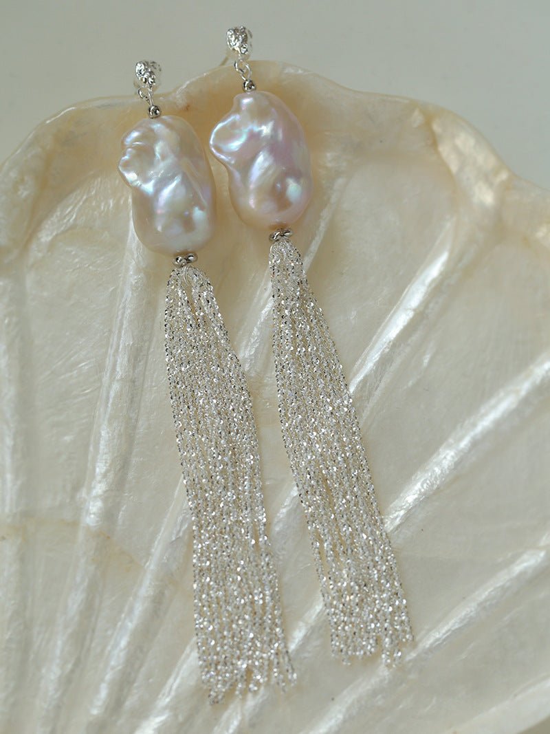 Dazzling Baroque Silver Chain Tassel Drop Earrings - floysun