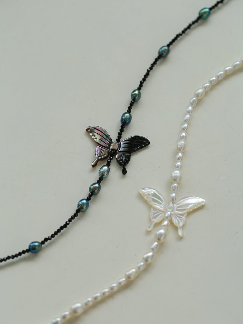 Delicate Mother of Pearls Black Butterfly Black Spinel Pearl Beaded Necklace - floysun