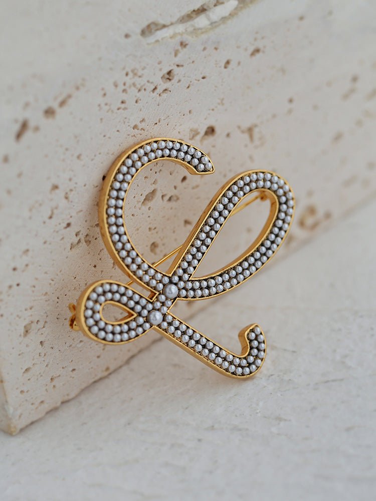 Diamond Inlaid Letter Pearl Brooch - floysun