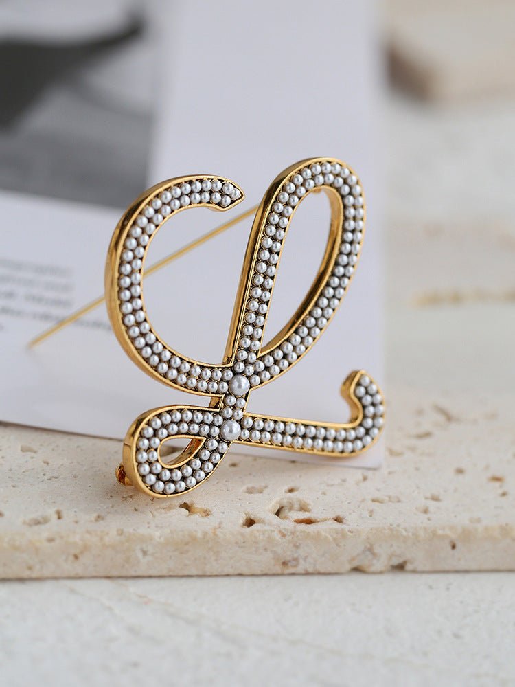 Diamond Inlaid Letter Pearl Brooch - floysun