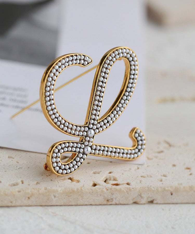 Diamond Inlaid Letter Pearl Brooch - floysun