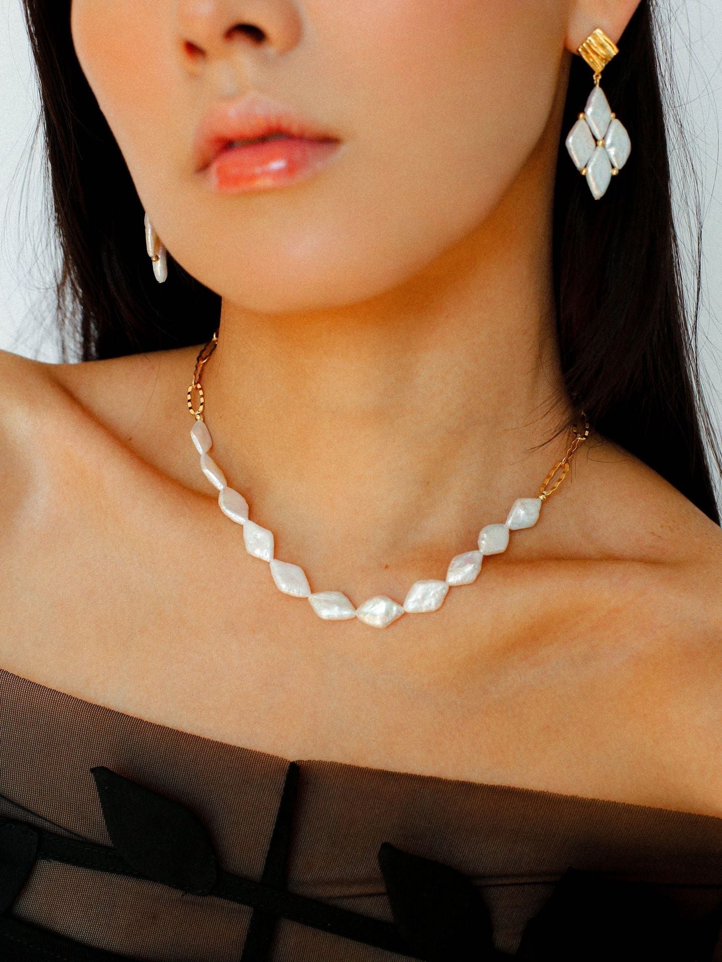 Diamond - Shaped Baroque Pearl Chain Necklace - floysun