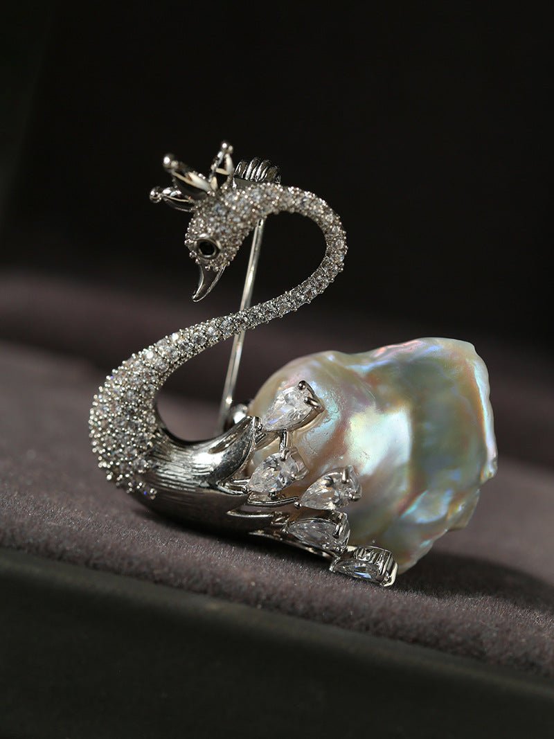 Diamond Swan Baroque Pearl Brooch - floysun