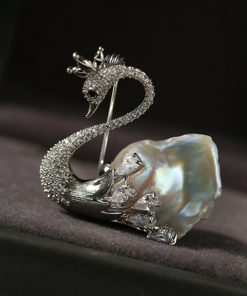 Diamond Swan Baroque Pearl Brooch - floysun