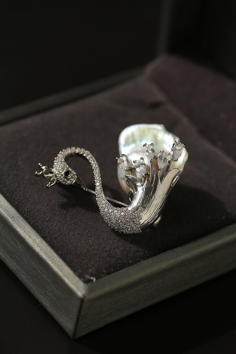 Diamond Swan Baroque Pearl Brooch - floysun