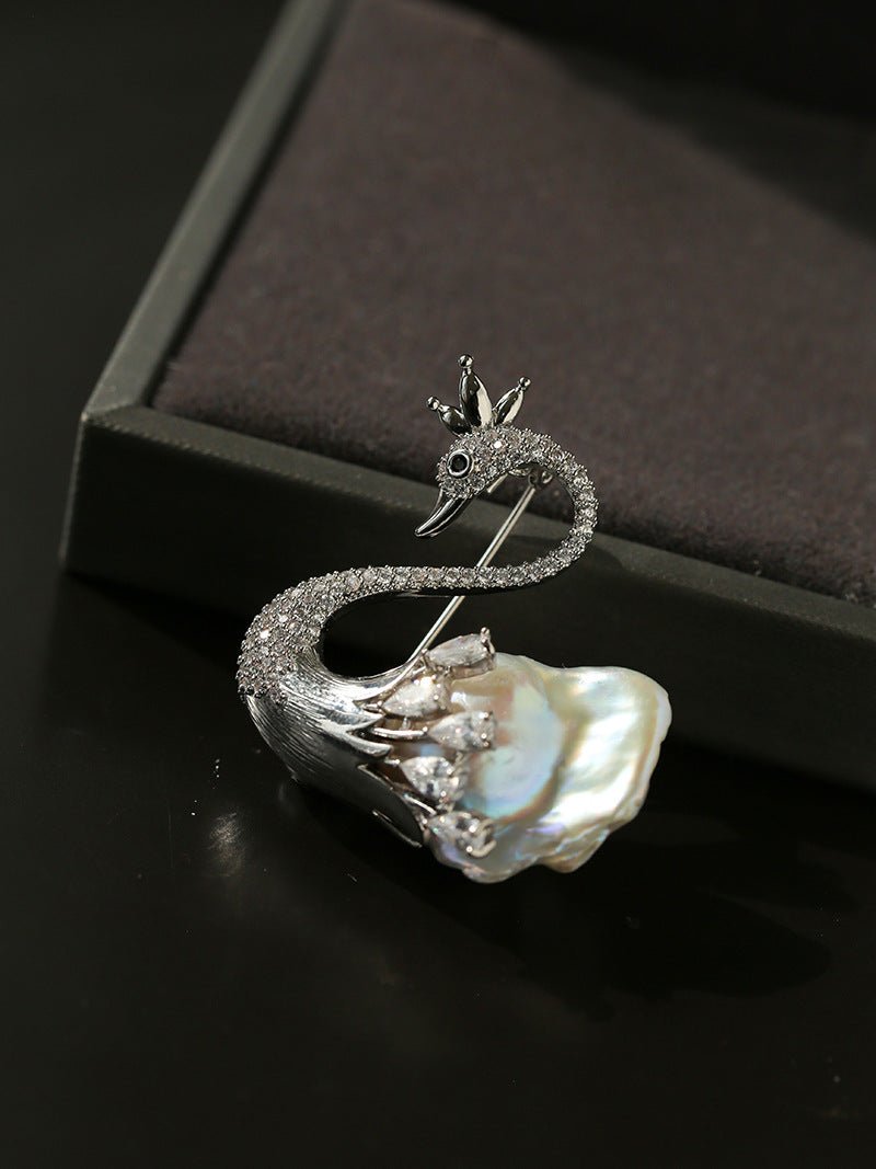 Diamond Swan Baroque Pearl Brooch - floysun