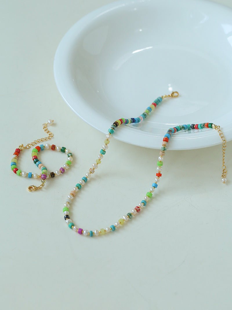 Dopamine - Colored Natural Stone and Pearl Beaded Necklace - floysun