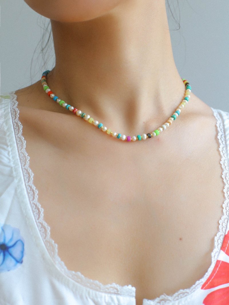 Dopamine - Colored Natural Stone and Pearl Beaded Necklace - floysun