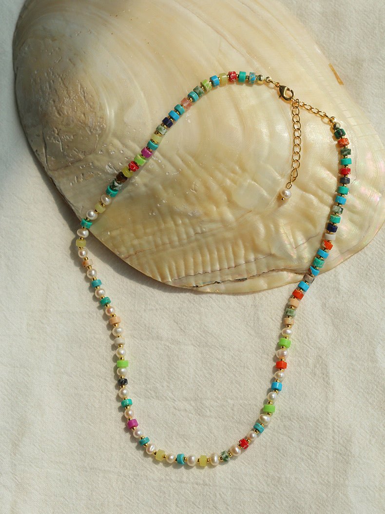 Dopamine - Colored Natural Stone and Pearl Beaded Necklace - floysun