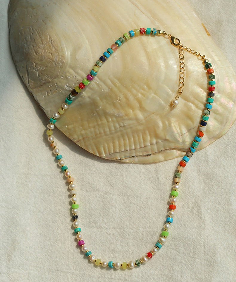 Dopamine - Colored Natural Stone and Pearl Beaded Necklace - floysun