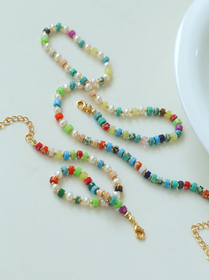 Dopamine - Colored Natural Stone and Pearl Beaded Necklace - floysun