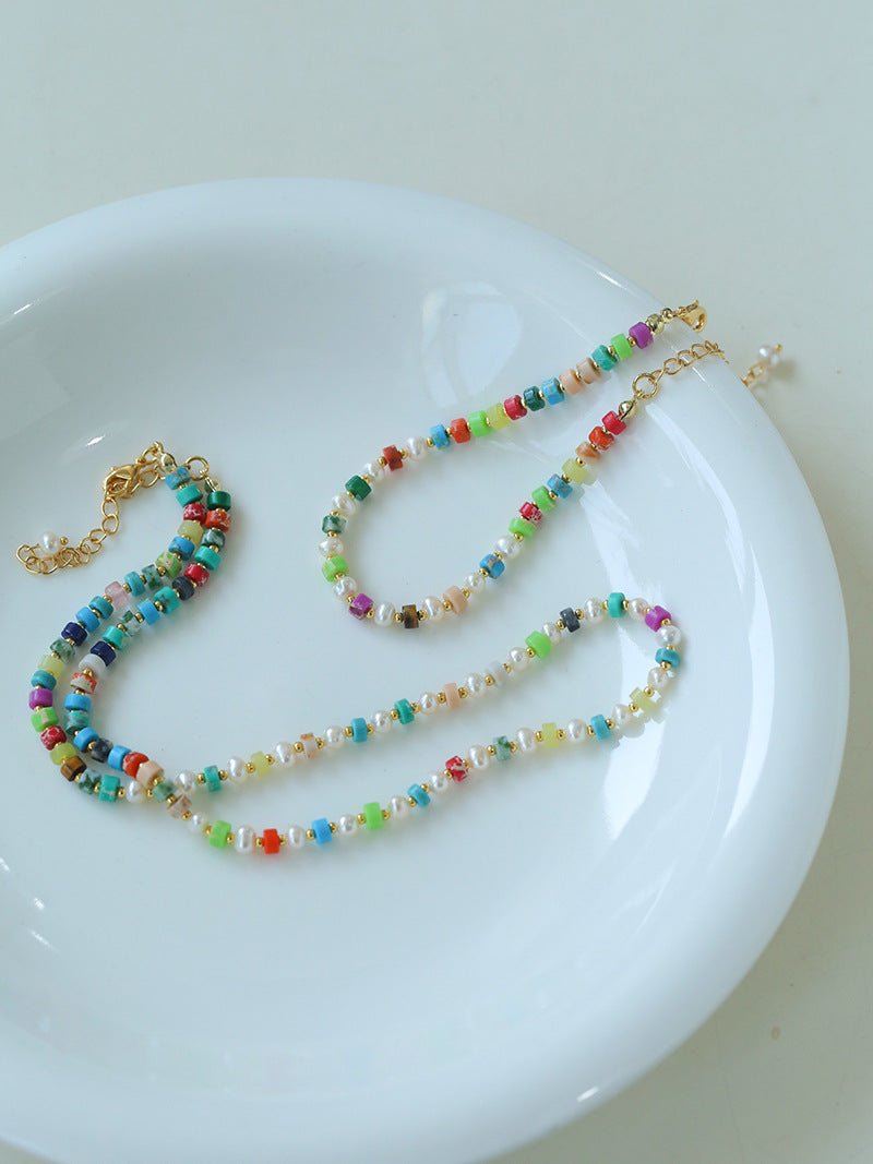 Dopamine - Colored Natural Stone and Pearl Beaded Necklace - floysun