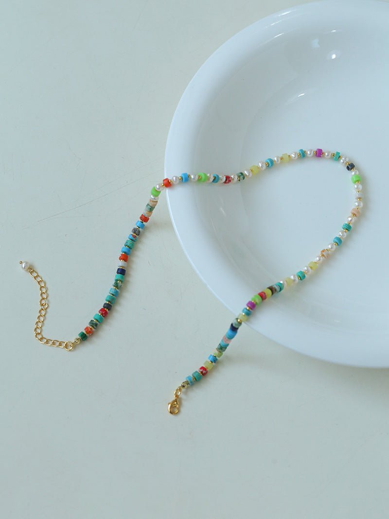 Dopamine - Colored Natural Stone and Pearl Beaded Necklace - floysun