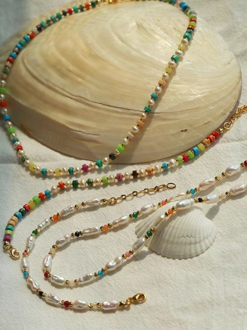 Dopamine - Colored Natural Stone and Pearl Beaded Necklace - floysun