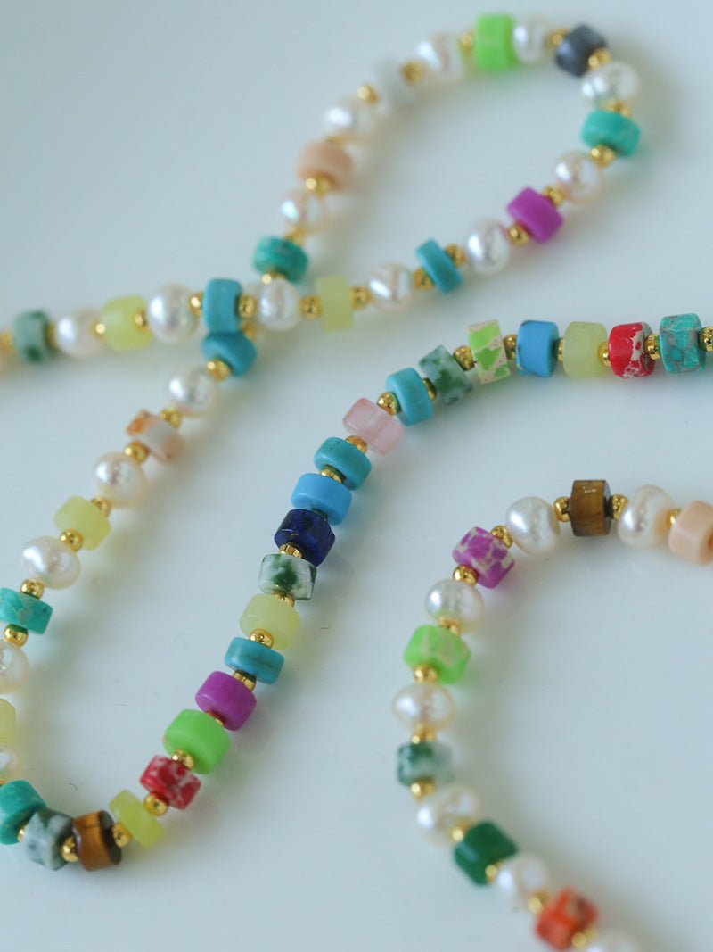 Dopamine - Colored Natural Stone and Pearl Beaded Necklace - floysun