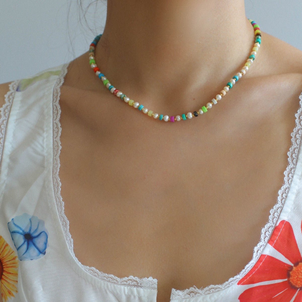 Dopamine - Colored Natural Stone and Pearl Beaded Necklace - floysun