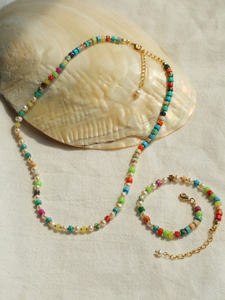 Dopamine - Colored Natural Stone and Pearl Beaded Necklace - floysun