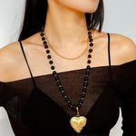 Double Layer Black Onyx Large Heart Pendant Chain Necklace - floysun