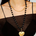 Double Layer Black Onyx Large Heart Pendant Chain Necklace - floysun