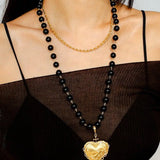 Double Layer Black Onyx Large Heart Pendant Chain Necklace - floysun