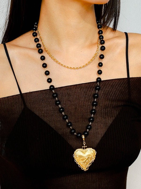 Double Layer Black Onyx Large Heart Pendant Chain Necklace - floysun