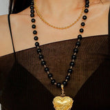 Double Layer Black Onyx Large Heart Pendant Chain Necklace - floysun