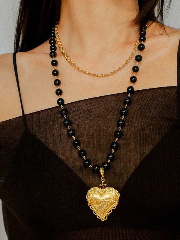 Double Layer Black Onyx Large Heart Pendant Chain Necklace - floysun