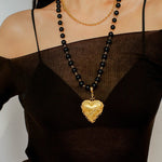 Double Layer Black Onyx Large Heart Pendant Chain Necklace - floysun