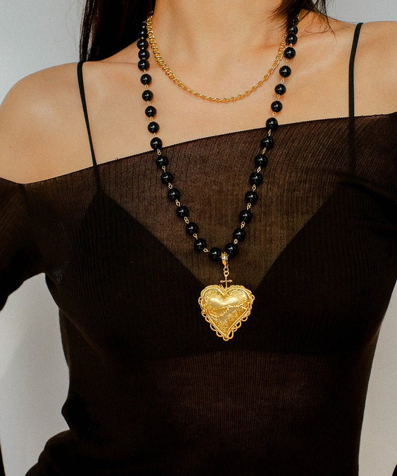 Double Layer Black Onyx Large Heart Pendant Chain Necklace - floysun