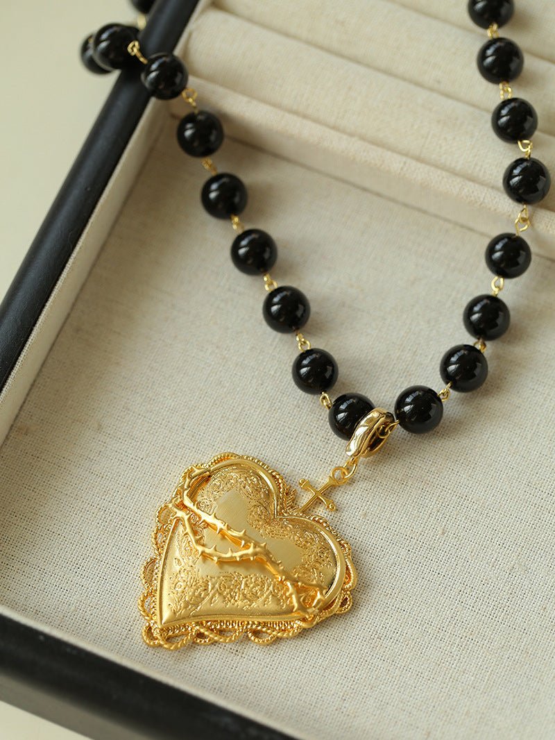 Double Layer Black Onyx Large Heart Pendant Chain Necklace - floysun