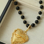 Double Layer Black Onyx Large Heart Pendant Chain Necklace - floysun