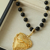 Double Layer Black Onyx Large Heart Pendant Chain Necklace - floysun