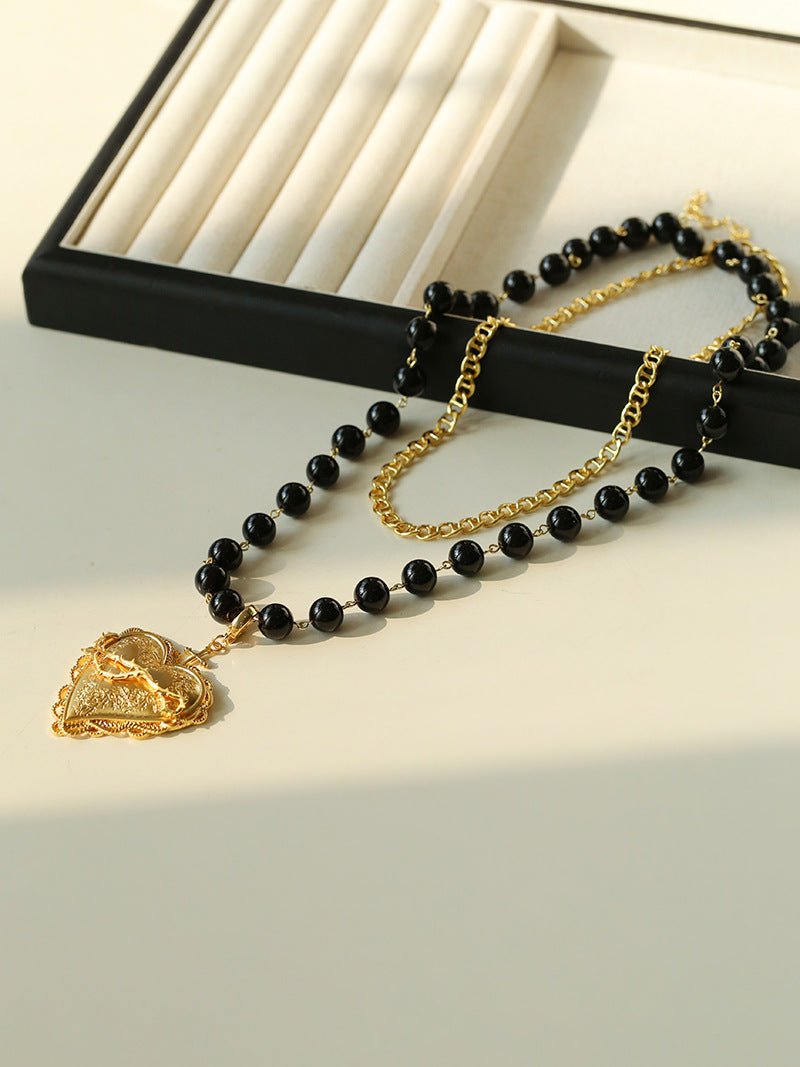 Double Layer Black Onyx Large Heart Pendant Chain Necklace - floysun