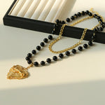 Double Layer Black Onyx Large Heart Pendant Chain Necklace - floysun