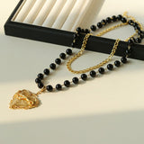 Double Layer Black Onyx Large Heart Pendant Chain Necklace - floysun