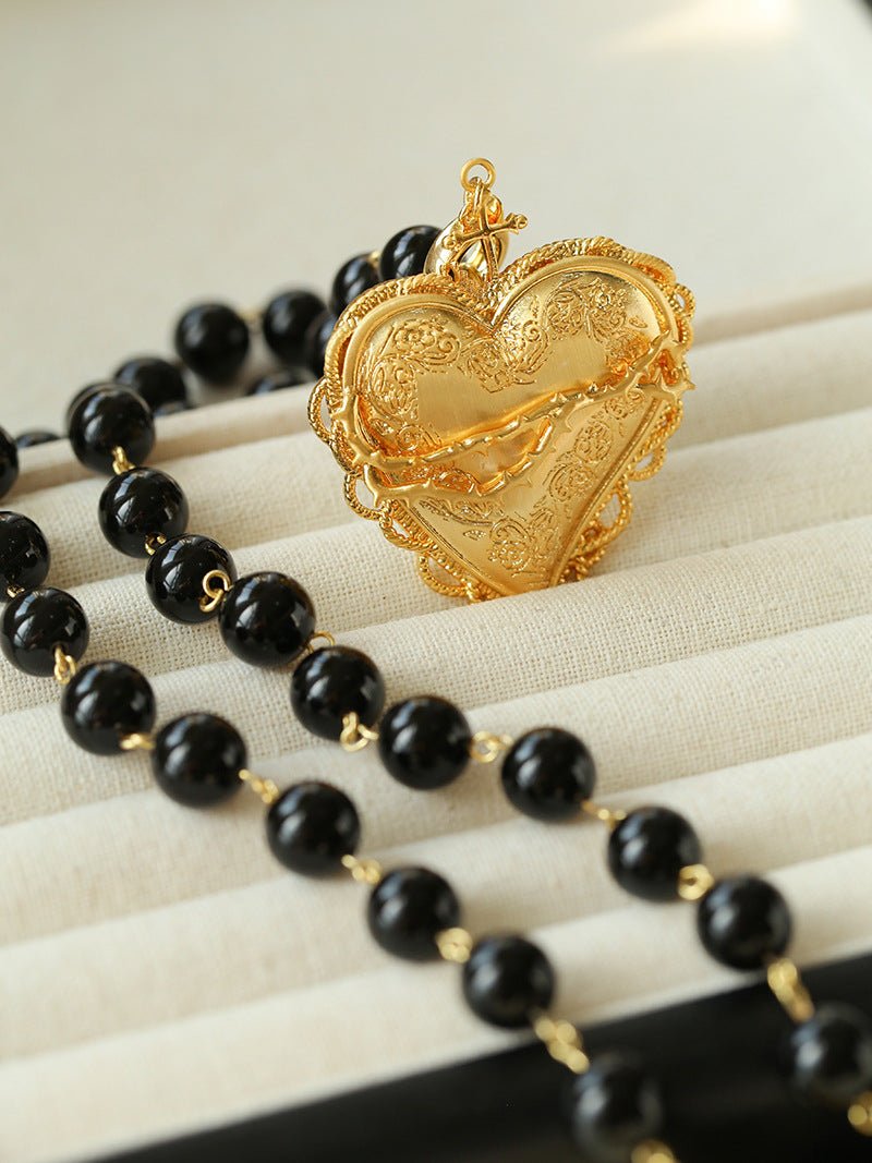 Double Layer Black Onyx Large Heart Pendant Chain Necklace - floysun