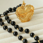 Double Layer Black Onyx Large Heart Pendant Chain Necklace - floysun