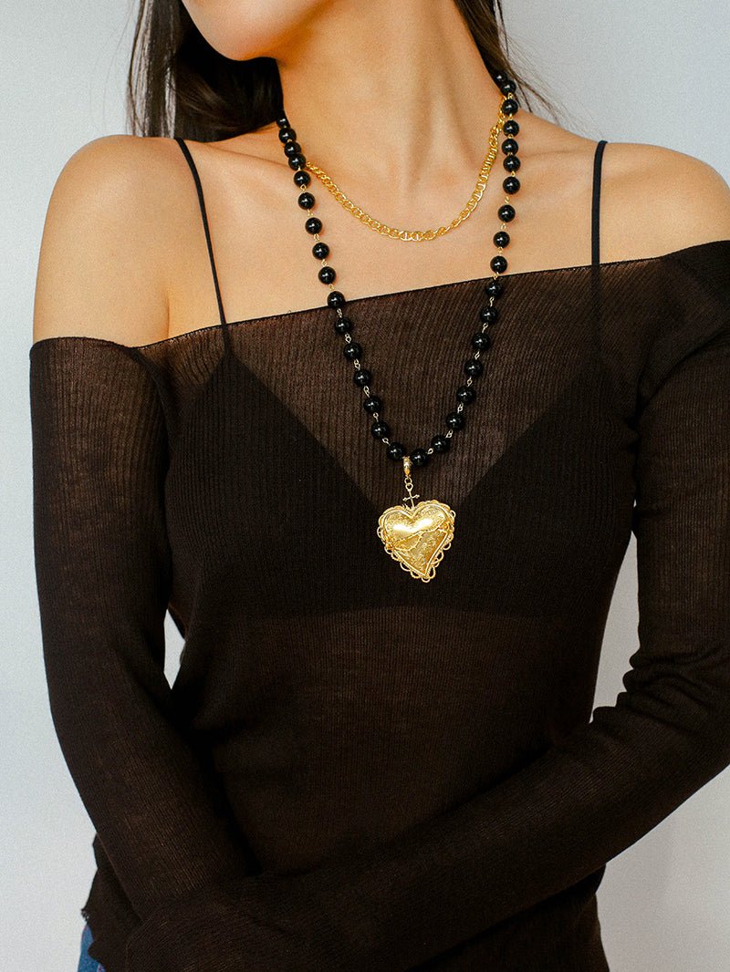 Double Layer Black Onyx Large Heart Pendant Chain Necklace - floysun