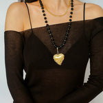 Double Layer Black Onyx Large Heart Pendant Chain Necklace - floysun