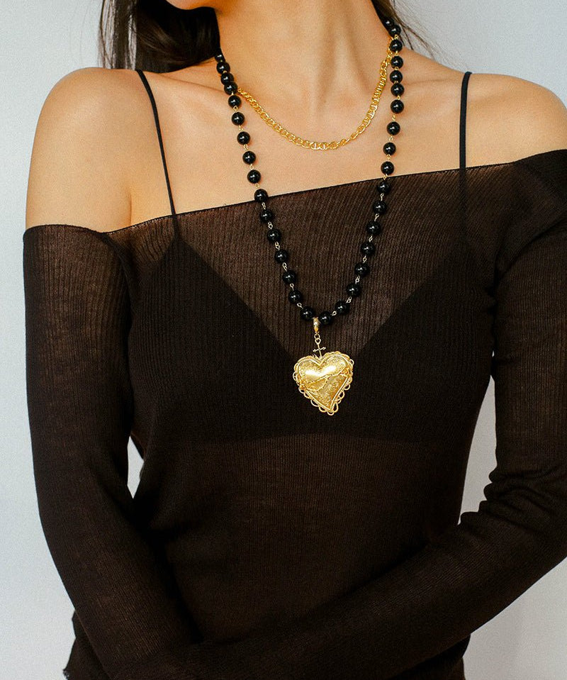 Double Layer Black Onyx Large Heart Pendant Chain Necklace - floysun