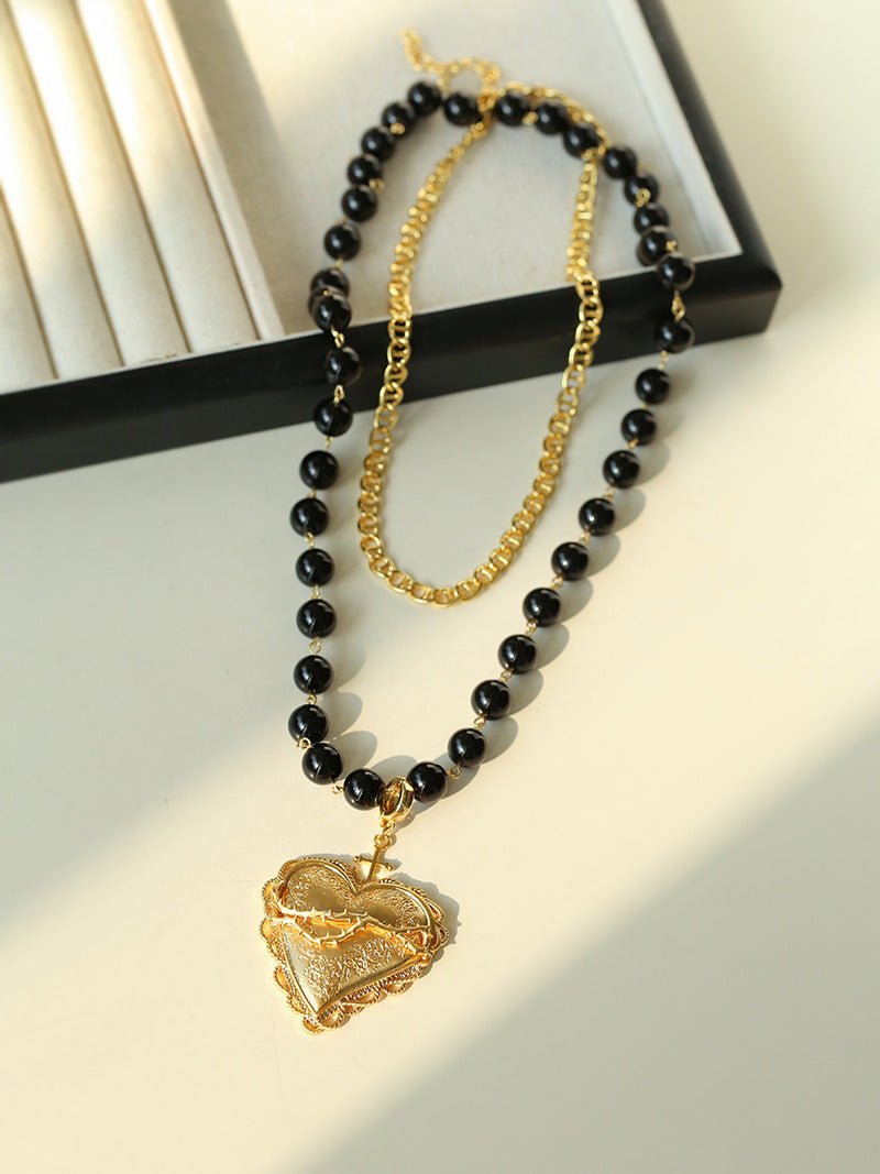 Double Layer Black Onyx Large Heart Pendant Chain Necklace - floysun