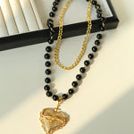 Double Layer Black Onyx Large Heart Pendant Chain Necklace - floysun