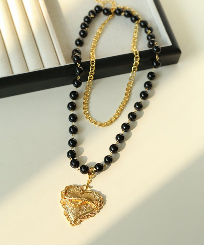 Double Layer Black Onyx Large Heart Pendant Chain Necklace - floysun