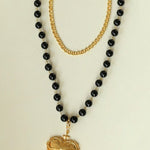 Double Layer Black Onyx Large Heart Pendant Chain Necklace - floysun