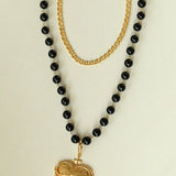 Double Layer Black Onyx Large Heart Pendant Chain Necklace - floysun