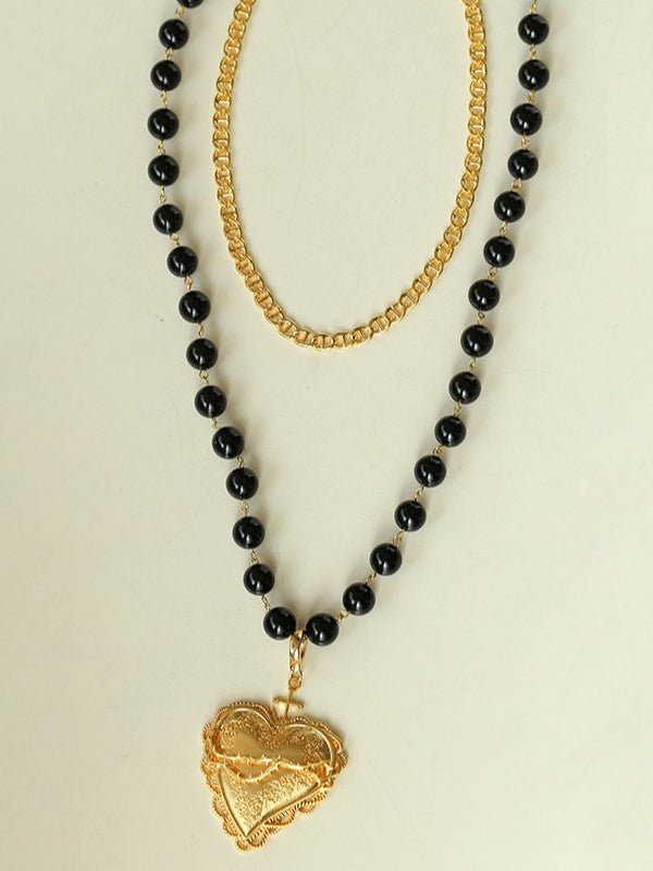 Double Layer Black Onyx Large Heart Pendant Chain Necklace - floysun