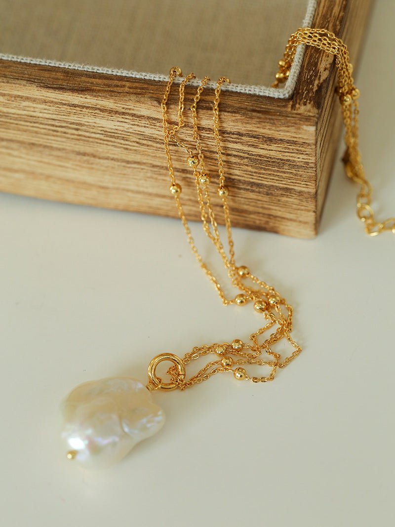 Double - Layer Chain Single Baroque Pearl Pendant Necklace - floysun